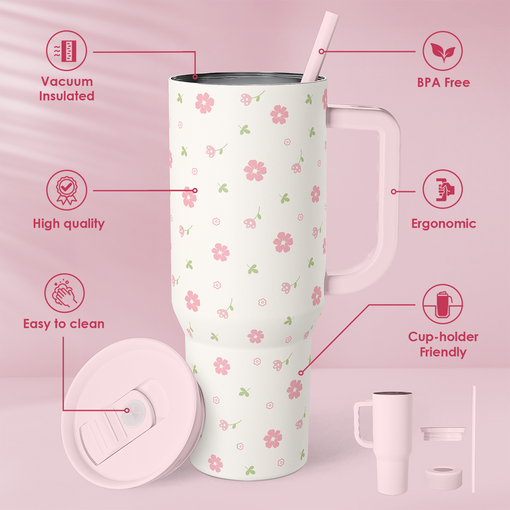 Floral 40oz Tumbler with Handle and Straw ?C Flowers Insulated Stainless Steel Travel Coffee Mug for Women Girls - Gift Idea for Birthday Christmas Mothers Day