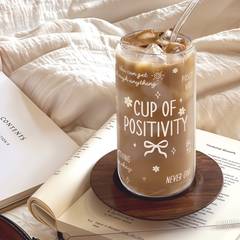 Inspiration Glass Bottle, Positive Motivational Glass Cup with Lid & Straw, Iced Coffee Aesthetic Glass Can, Gift for Christmas Birthday Mother Day, Gifts for Women, 16oz