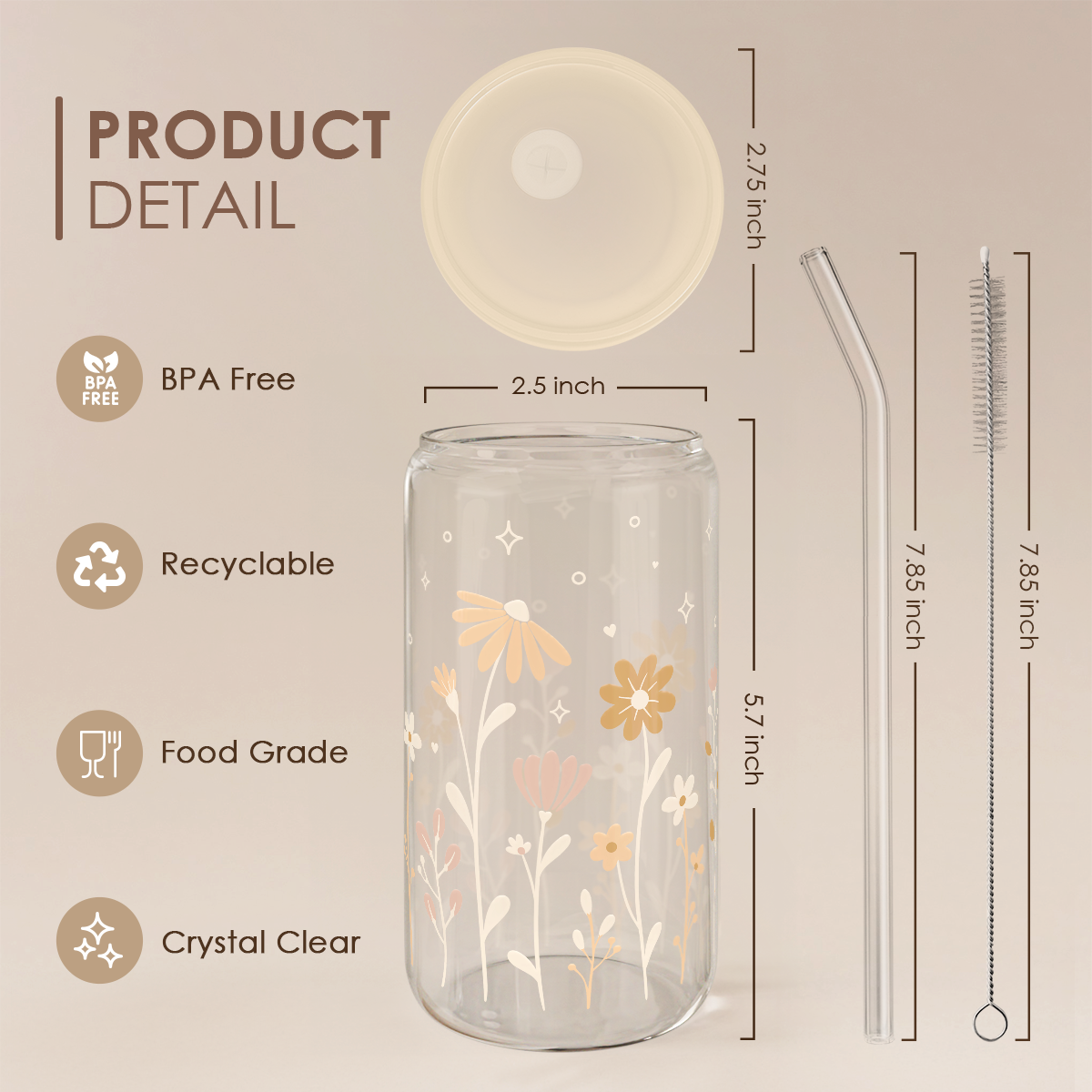 Floral GlassGlow | Glass Tumbler with Acrylic Lid 16oz