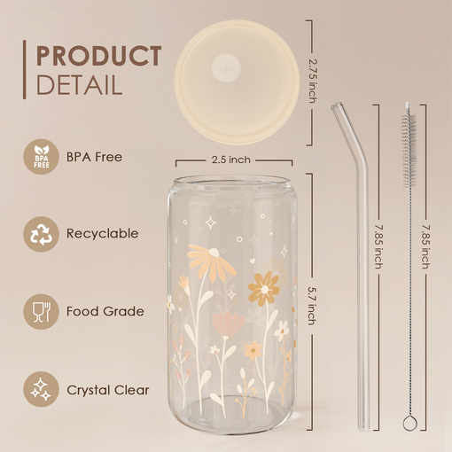 Flower Glass Bottle, Floral Glass Cup with Lid & Straw, Iced Coffee Aesthetic Glass Can, Idea Gift for Christmas Birthday Mother Day, Gifts for Women, 16oz