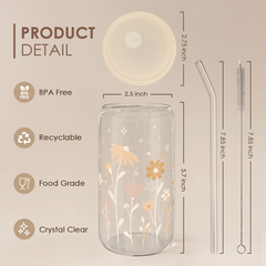 Flower Glass Bottle, Floral Glass Cup with Lid & Straw, Iced Coffee Aesthetic Glass Can, Idea Gift for Christmas Birthday Mother Day, Gifts for Women, 16oz