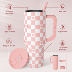 40oz Checkered and Heart Tumbler with Handle and Straw - Insulated Stainless Steel Travel Coffee Mug for Women Girls, Gift for Birthday, Christmas