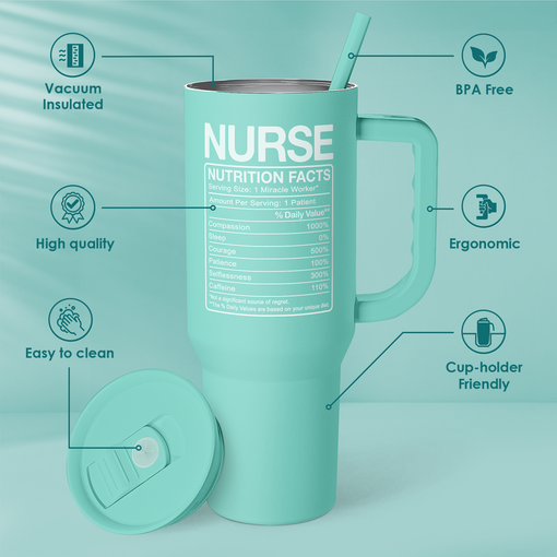 Nurse Gift Tumbler 40oz with Handle and Straw - Nurse Nutrition Facts Insulated Stainless Steel Travel Coffee Mug for Nurses Nursing Friends - Gifts for Nurse Week, Appreciation, Birthday, Christmas