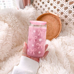 Pink Bow GlassGlow | Glass Tumbler with Acrylic Lid 16oz
