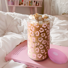 Leopard Glass Bottle, Pink Leopard Print Glass Cup with Lid & Straw, Iced Coffee Aesthetic Glass Can, Gift for Christmas Birthday Mother Day, Gifts for Women, 16oz