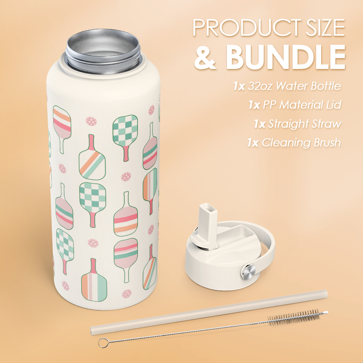 White Pickleball SipChic | Straw Lid Water Bottle 32oz
