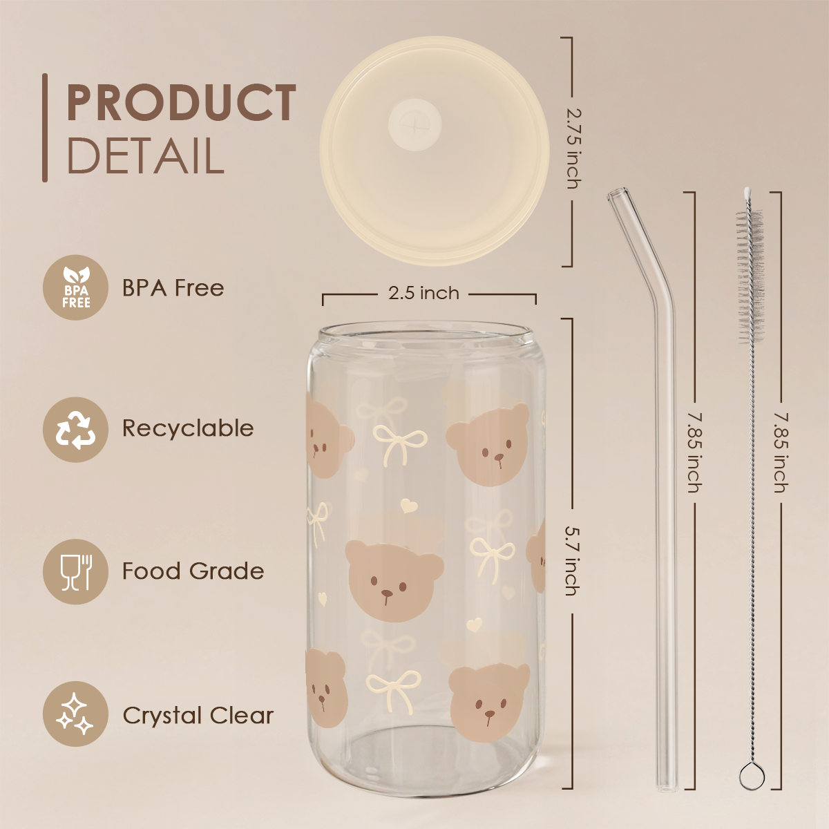Bear GlassGlow | Glass Tumbler with Acrylic Lid 16oz