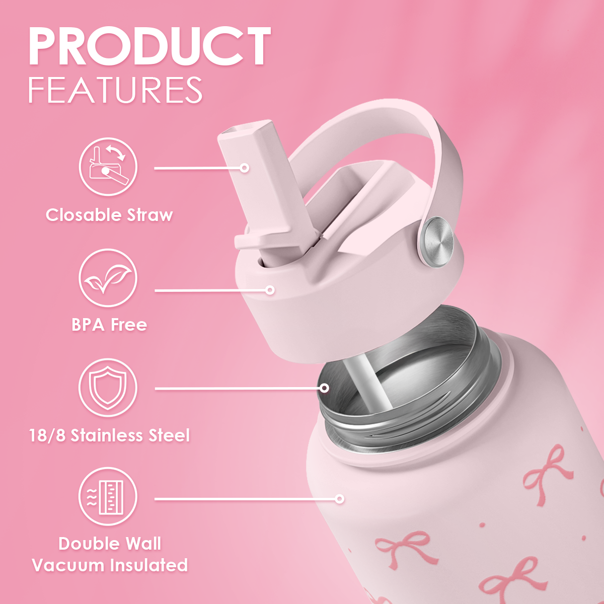 Pink Bow SipChic | Straw Lid Water Bottle 32oz