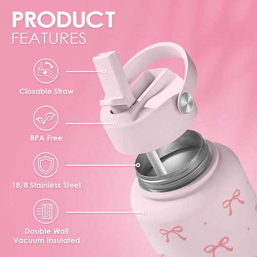 Pink Bow Water Bottle Stainless Steel Insulated Vacuum 32oz with Lid, Gifts for Women Girls Teens Birthday Christmas