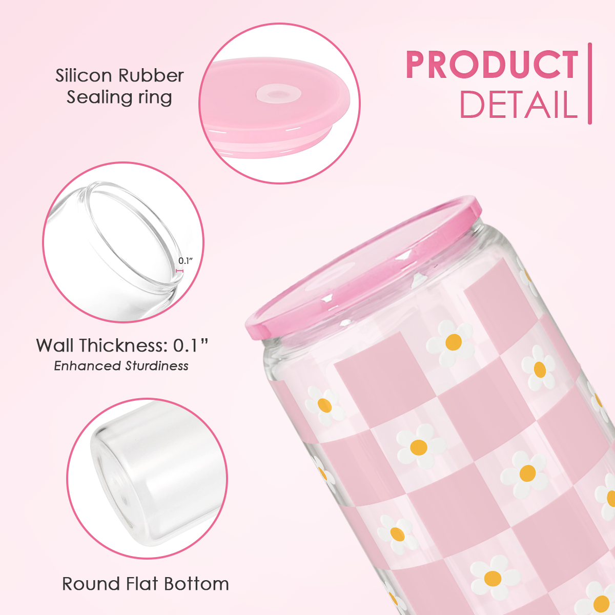 Checker Daisy GlassGlow | Glass Tumbler with Acrylic Lid 16oz