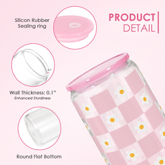 Checkerboard Daisies Glass Bottle, Floral Checker Glass Cup with Lid & Straw, Iced Coffee Aesthetic Glass Can, Gift for Christmas Birthday Mother Day, Gifts for Women, 16oz