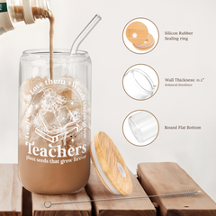 Teacher Glass Bottle, Teachers Plant Seeds That Grow Forever Glass Cup with Lid & Straw, Coffee Aesthetic Glass Can, Gift for Christmas Teacher Appreciation, Gifts for Women, 16oz