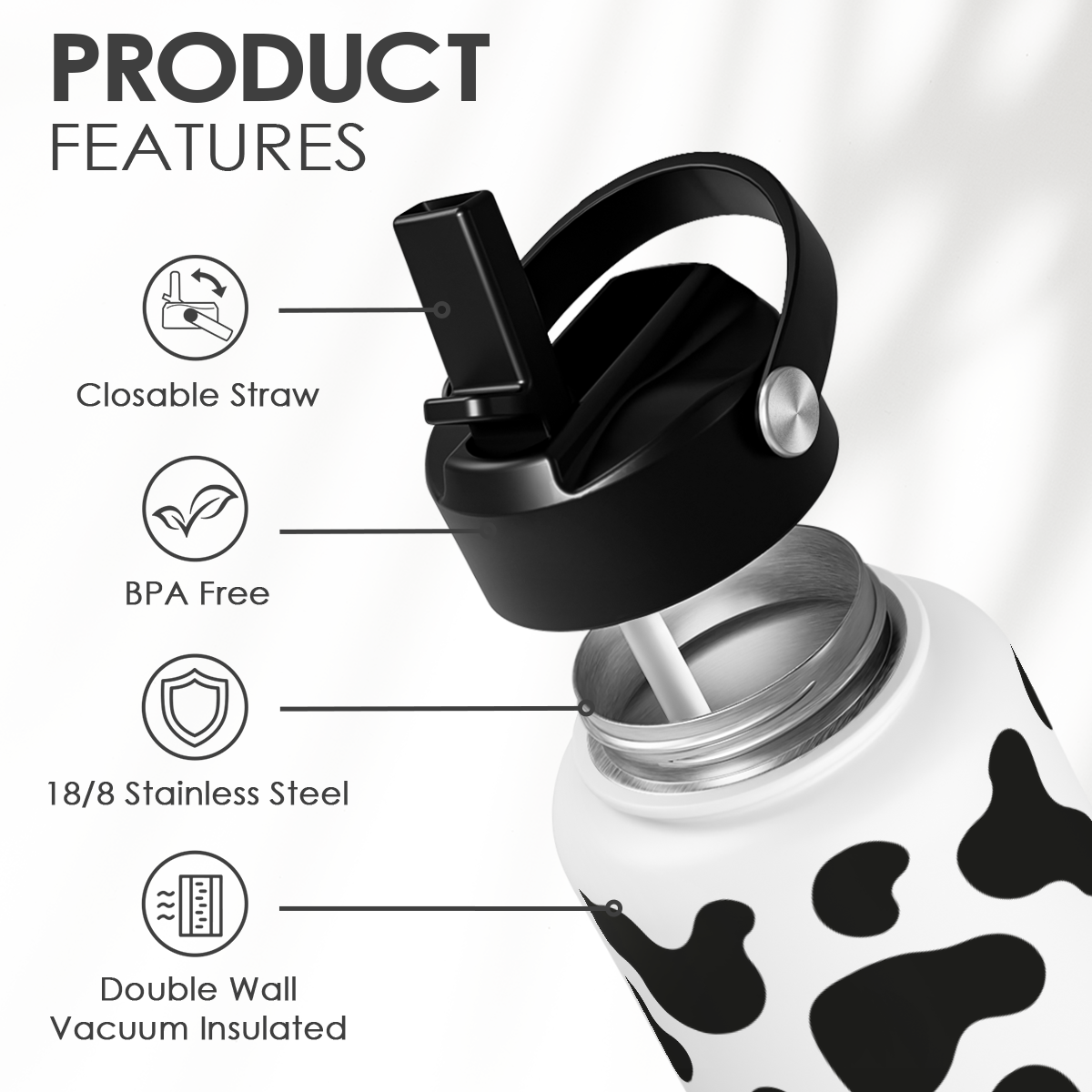 Black Cow Print SipChic | Straw Lid Water Bottle 32oz