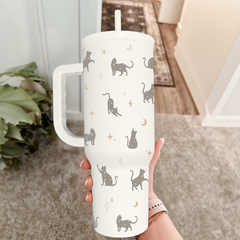 Gift for Cat Lovers Cat Mom - 40oz Insulated Stainless Steel Tumbler with Handle and Straw - Travel Coffee Mug for Women, Cat Owners - Gift for Birthday, Christmas