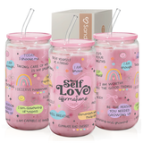 Three glass bottles with pink lids and various self-love affirmations printed on them, including 'Today is a good day', 'I am worthy', and 'Self Love Affirmations'. Each bottle comes with a clear straw.