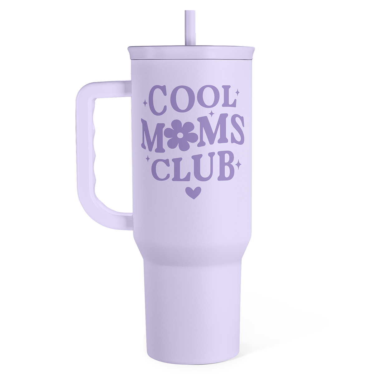 A white stainless steel tumbler with handle and a straw, featuring the text 'COOL MOMS CLUB' in purple.