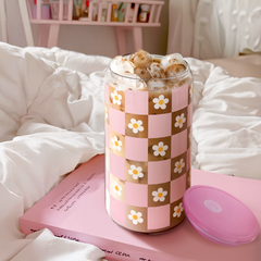 Checkerboard Daisies Glass Bottle, Floral Checker Glass Cup with Lid & Straw, Iced Coffee Aesthetic Glass Can, Gift for Christmas Birthday Mother Day, Gifts for Women, 16oz