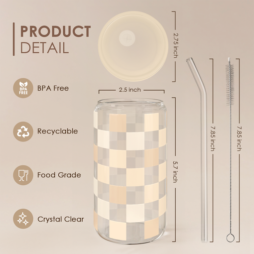 Checkerboard Glass Bottle, Beige Checker Glass Cup with Lid & Straw, Iced Coffee Aesthetic Glass Can, Gift for Christmas Birthday Mother Day, Gifts for Women, 16oz