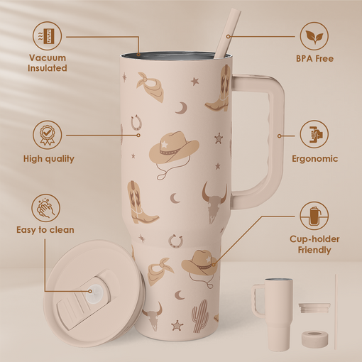 Cowgirl Tumbler 40oz for Women Girls - Stainless Steel Travel Coffee Mug Cup with Handle and Straw, Gift for Birthday Christmas