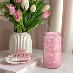 Floral Glass Bottle, Tulip Glass Cup, Iced Coffee Aesthetic Glass Can, Gift for Christmas Birthday, Gifts for Women Girls, 16oz