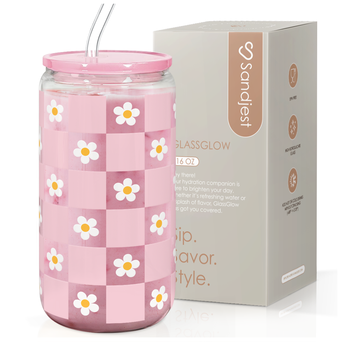 A pink glass bottle with a floral checker pattern design, featuring a lid and straw, displayed next to its packaging box.