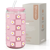 A pink glass bottle with a floral checker pattern design, featuring a lid and straw, displayed next to its packaging box.