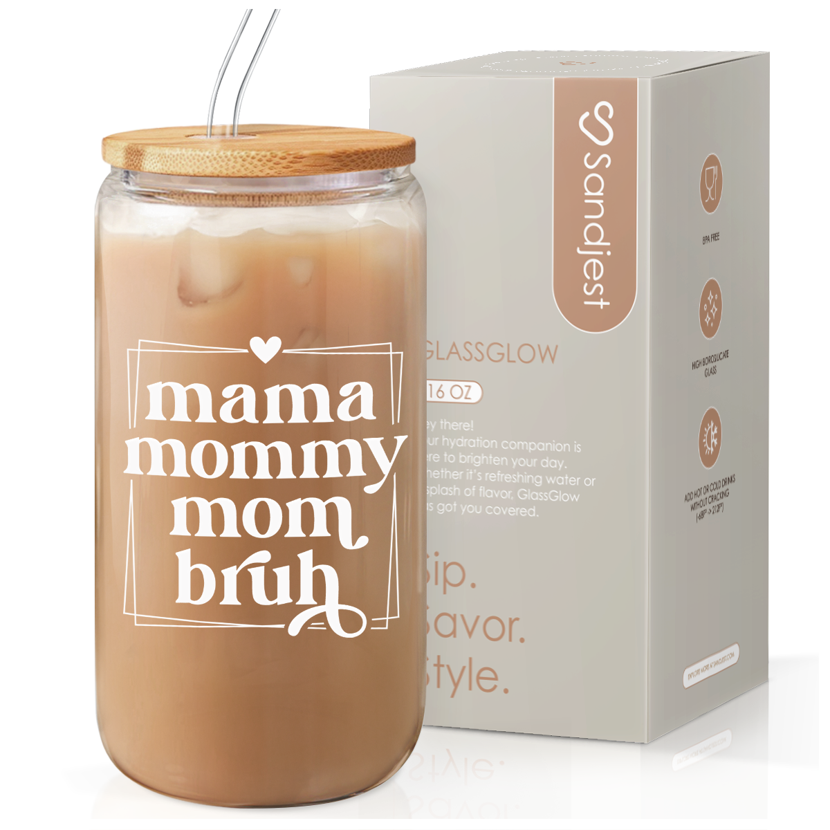 A glass bottle with a lid and straw featuring the text 'mama mommy mom bruh' printed on it, alongside its packaging box.