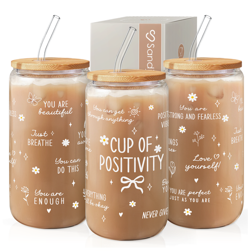 Inspiration Glass Bottle, Positive Motivational Glass Cup with Lid & Straw, Iced Coffee Aesthetic Glass Can, Gift for Christmas Birthday Mother Day, Gifts for Women, 16oz