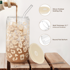 Leopard Glass Bottle, Beige Leopard Print Glass Cup with Lid & Straw, Iced Coffee Aesthetic Glass Can, Gift for Christmas Birthday Mother Day, Gifts for Women, 16oz