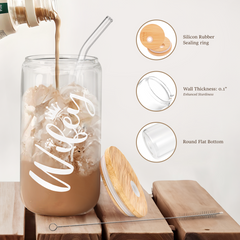 Wife Glass Bottle, Wifey Glass Cup with Lid & Straw, Iced Coffee Aesthetic Glass Can, Idea Gift for Christmas Marriage Birthday Anniversary Valentine, Gifts for Women, 16oz