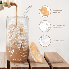 Inspiration Glass Bottle, Positive Motivational Glass Cup with Lid & Straw, Iced Coffee Aesthetic Glass Can, Idea Gift for Christmas Birthday Mother Day, Gifts for Women, 16oz