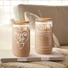 Nurse Glass Bottle, Nurse Life Glass Cup with Lid & Straw, Iced Coffee Aesthetic Glass Can, Idea Gift for Christmas Birthday Mother Day Nurse Week, Gifts for Women Friends, 16oz