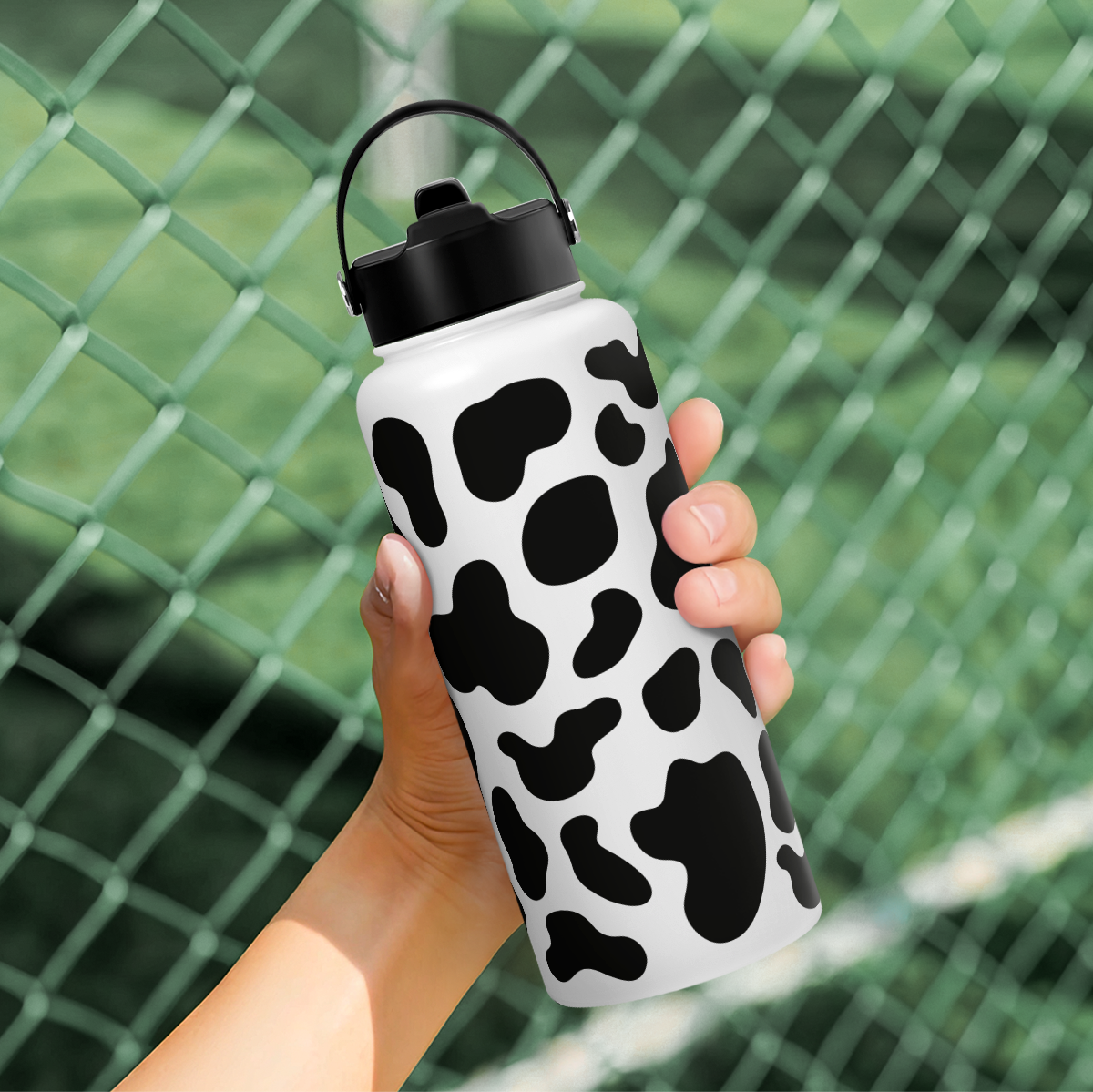 Black Cow Print SipChic | Straw Lid Water Bottle 32oz