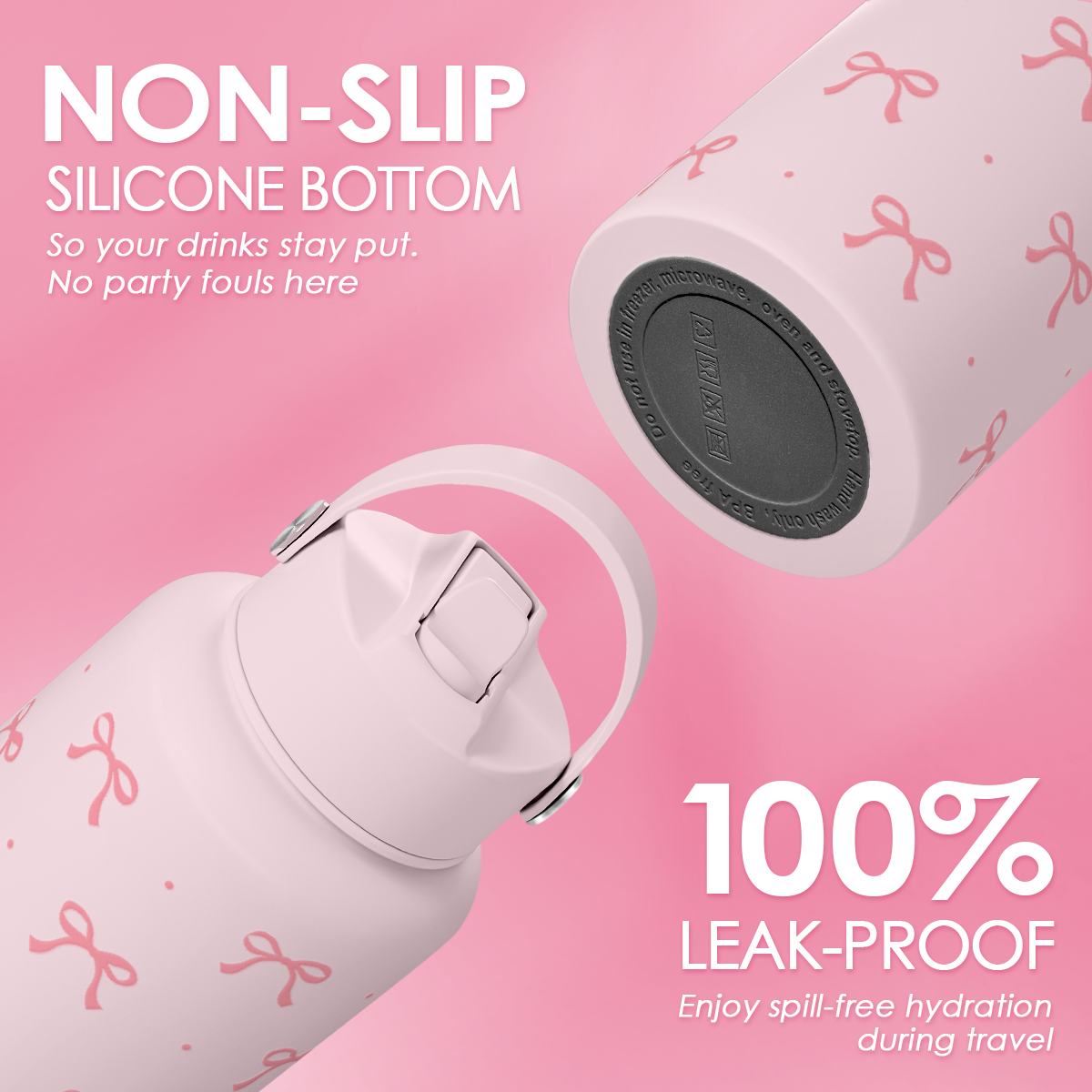 Pink Bow Water Bottle 32oz - Vacuum Insulated Stainless Steel Tumbler With Straw, Leak-Proof Lid