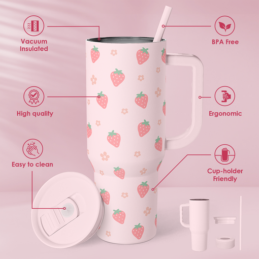 Strawberry Tumbler with Handle 40oz ?C Insulated Stainless Steel Travel Coffee Mug Cup for Girls Women, Gift for Christmas, Birthday