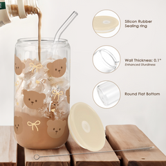 Bear Glass Bottle, Iced Coffee Aesthetic Glass Cup Can, Gift for Christmas Birthday, Gifts for Women Girls, 16oz