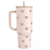A beige stainless steel insulated tumbler cup with a handle, featuring a pattern of what appears to be bears or hearts and the like.