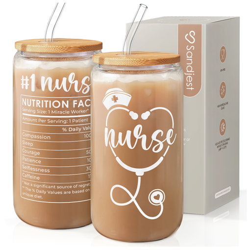 Nurse Glass Bottle, Nurse Nutrition Facts Glass Cup with Lid & Straw, Iced Coffee Aesthetic Glass Can, Idea Gift for Christmas Thanksgiving Birthday Nurse Week, Gifts for Women, 16oz