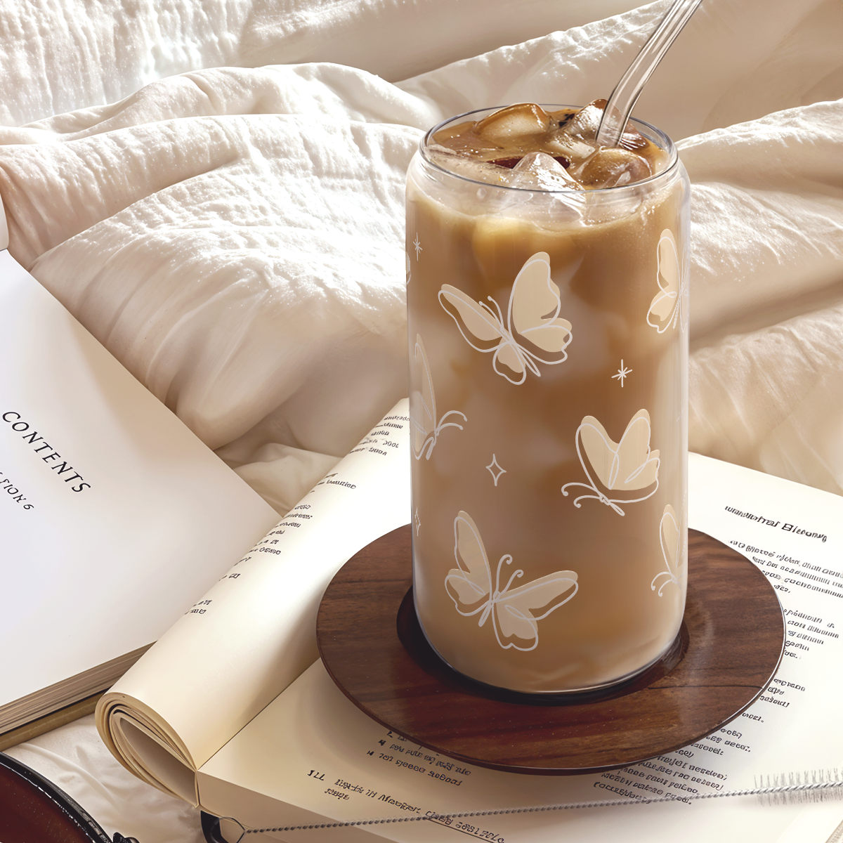 Butterfly GlassGlow | Glass Tumbler with Acrylic Lid 16oz
