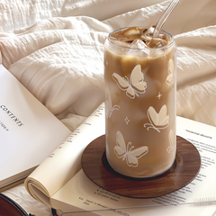 Butterfly Glass Bottle, Iced Coffee Aesthetic Glass Can Cup, Gifts for Christmas Birthday, Gift for Women Girls, 16oz