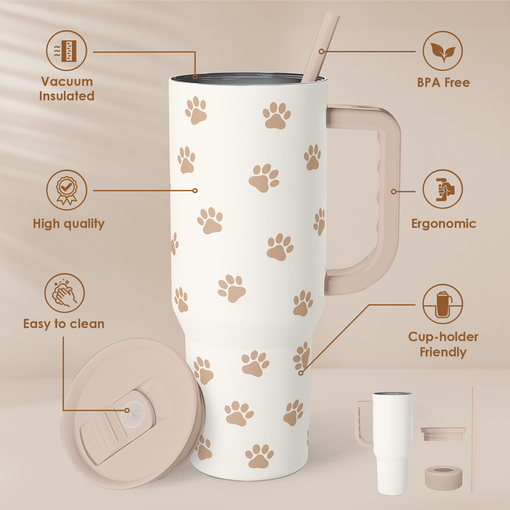 Paw Print Tumbler with Handle, Gifts for Dog Mom, Stainless Steel Insulated Tumblers Coffee Travel Mug Cup, Gift for Women Girls on Birthday Christmas Mothers Day, 40oz