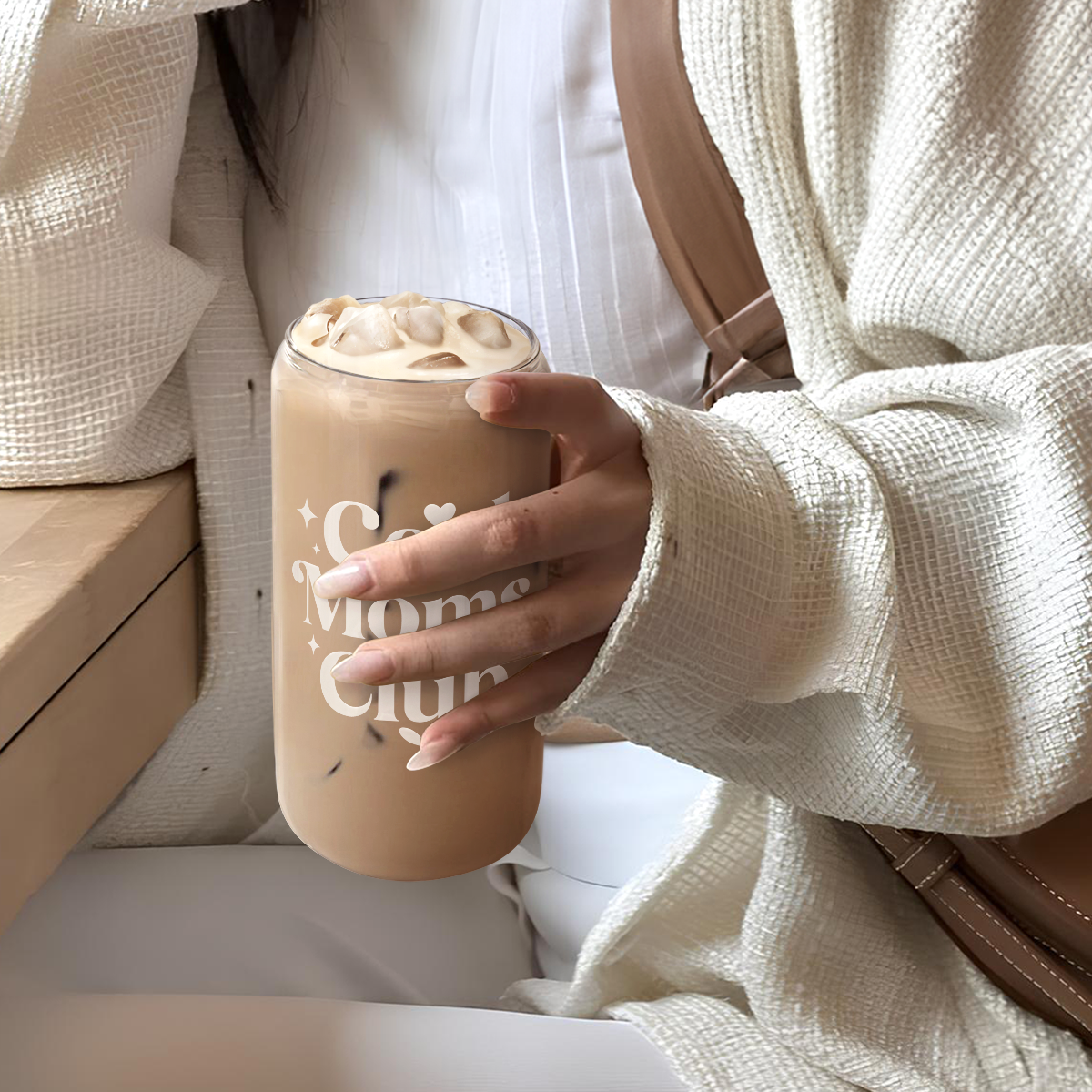 Mom Glass Bottle, Cool Mom Club Glass Cup with Lid & Straw, Iced Coffee Aesthetic Glass Can, Idea Gift for Christmas Birthday Mother Day, Gifts for Women, 16oz