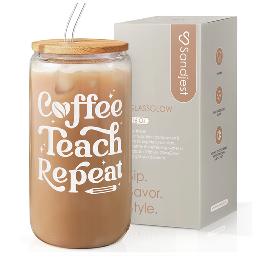 Teacher Glass Bottle, Coffee Teach Repeat Glass Cup, Coffee Aesthetic Glass Can, Gift for Christmas Thanksgiving Birthday Teacher Appreciation, Gifts for Women, 16oz