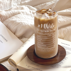 Wife Glass Bottle, Wifey Glass Cup with Lid & Straw, Iced Coffee Aesthetic Glass Can, Idea Gift for Christmas Marriage Birthday Anniversary Valentine, Gifts for Women, 16oz