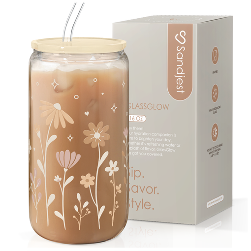 Flower Glass Bottle, Floral Glass Cup with Lid & Straw, Iced Coffee Aesthetic Glass Can, Idea Gift for Christmas Birthday Mother Day, Gifts for Women, 16oz