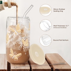 Butterfly Glass Bottle, Iced Coffee Aesthetic Glass Can Cup, Gifts for Christmas Birthday, Gift for Women Girls, 16oz