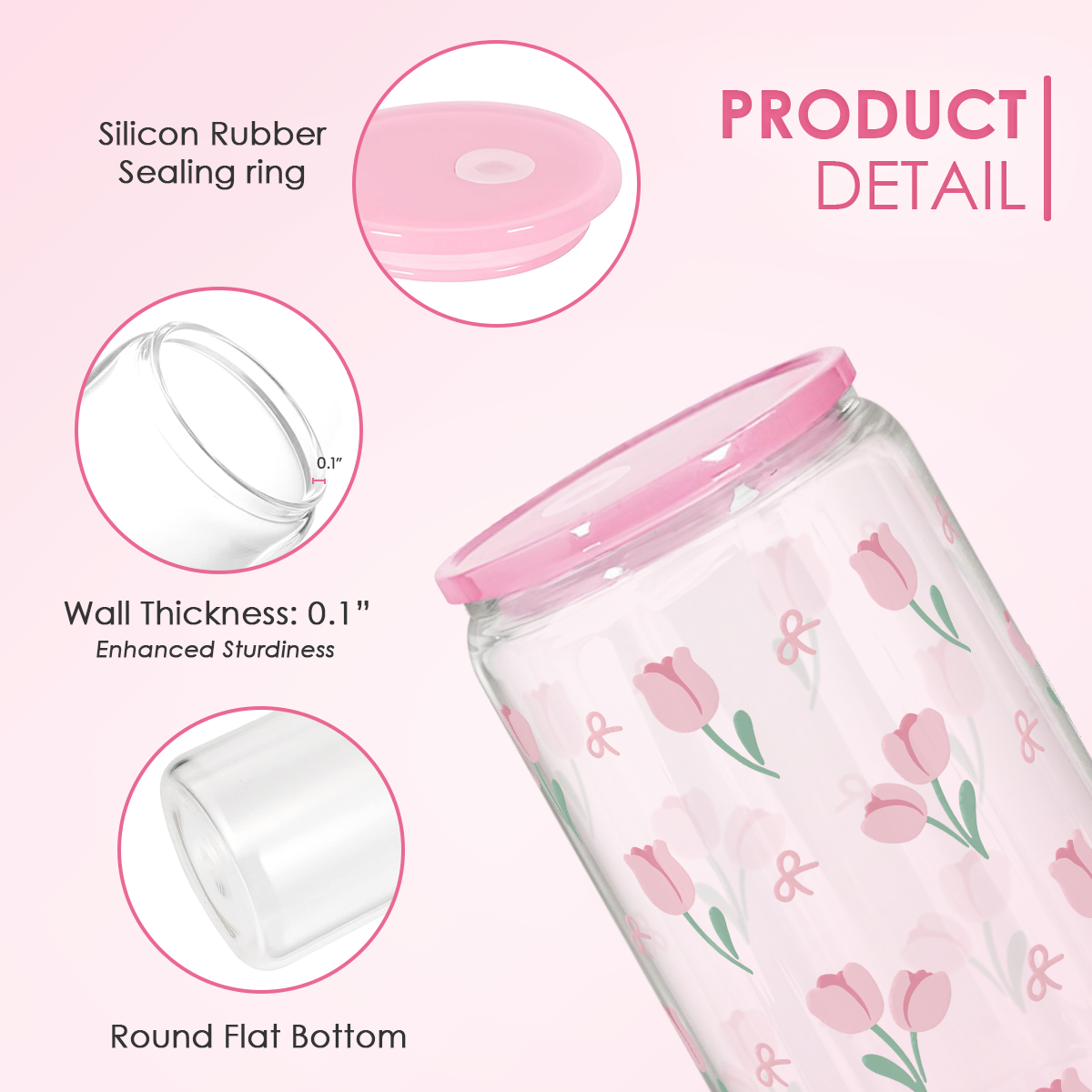 Floral Glass Bottle, Tulip Glass Cup, Iced Coffee Aesthetic Glass Can, Gift for Christmas Birthday, Gifts for Women Girls, 16oz