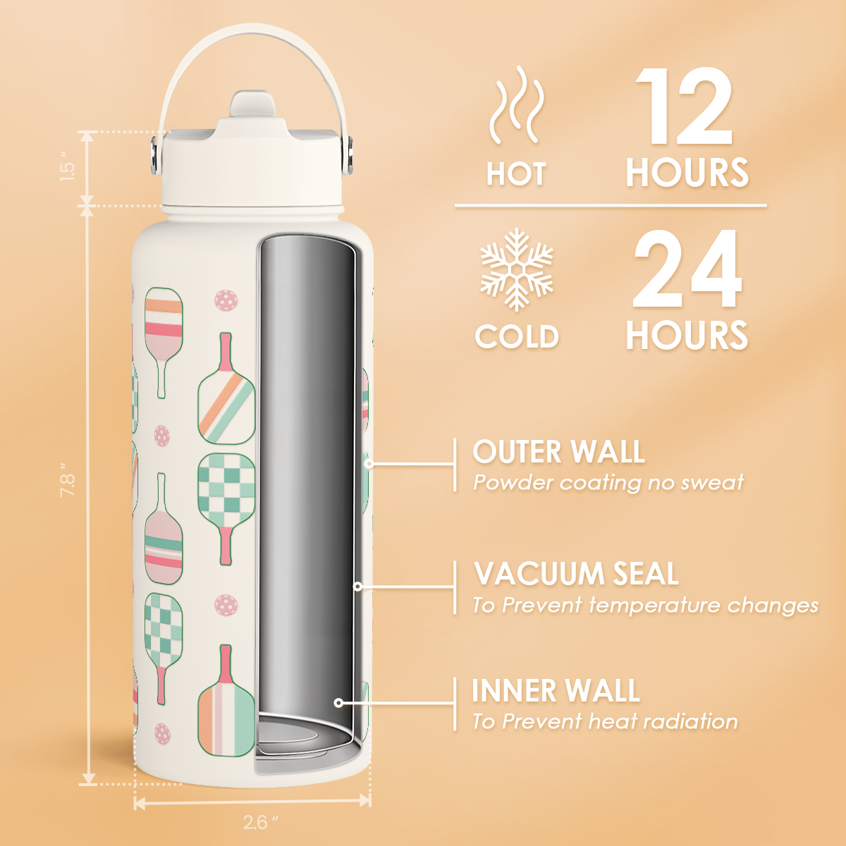 White Pickleball SipChic | Straw Lid Water Bottle 32oz