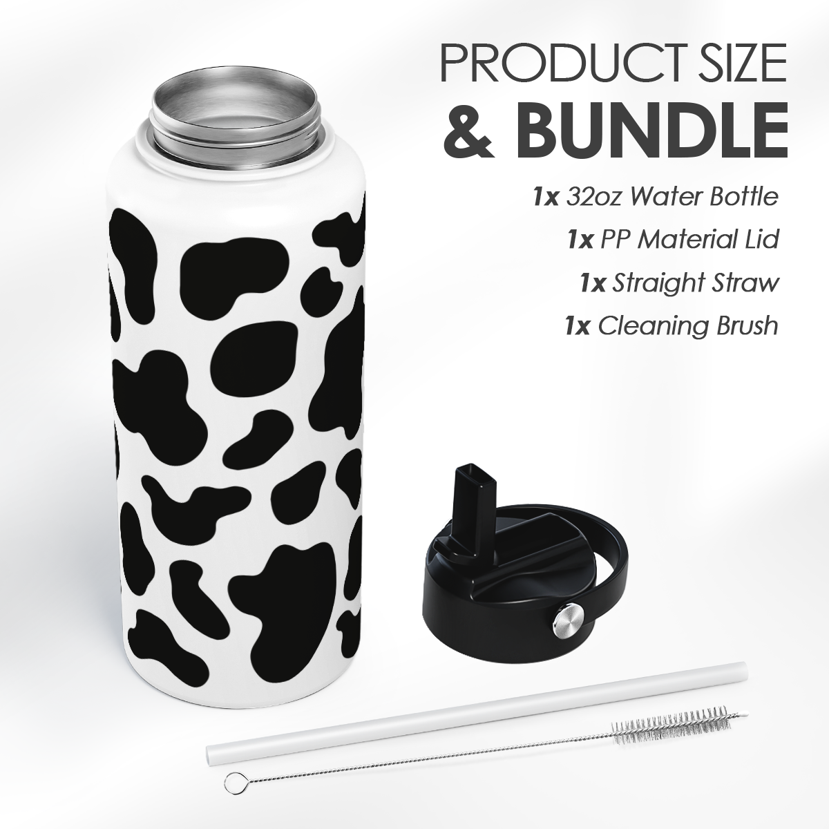 Black Cow Print SipChic | Straw Lid Water Bottle 32oz
