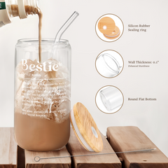 Best Friend Glass Bottle, Besties Definition Glass Cup with Lid & Straw, Iced Coffee Aesthetic Glass Can, Gift for Christmas Birthday Mother Day, Gifts for Women Friends Sisters, 16oz